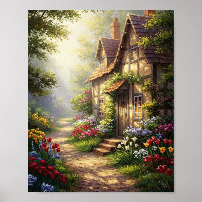 Sunlit Cottage & Flowers | Oil Masterpiece Poster (Framsidan)