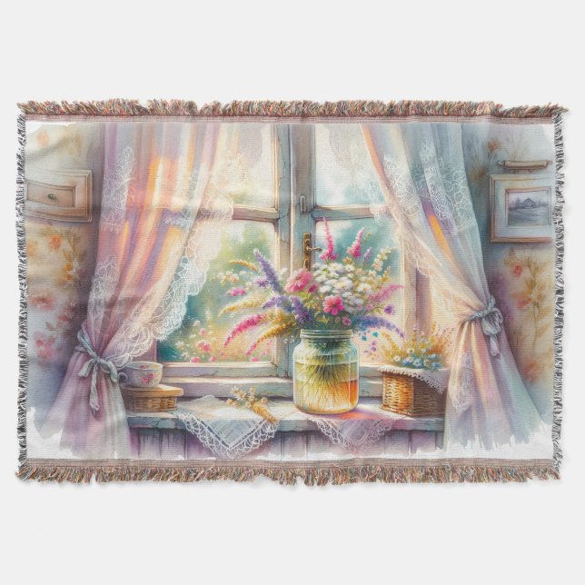 Sunlit Cottage Window Wildflowers Filt (Framsidan)