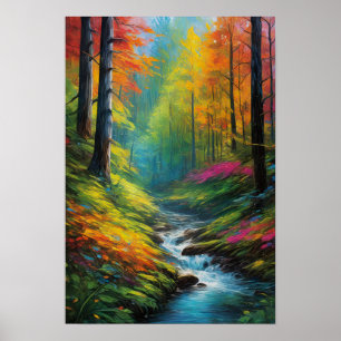 Sunlit Forest och Rushing Stream Poster