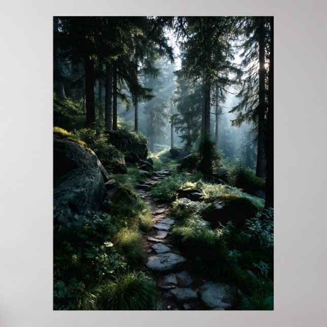 Sunlit Forest Path Through Ancient Pines Poster (Framsidan)