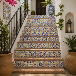 Sunlit Harmony Elegant Blue and Gold Floral Mosaic Kakelplatta