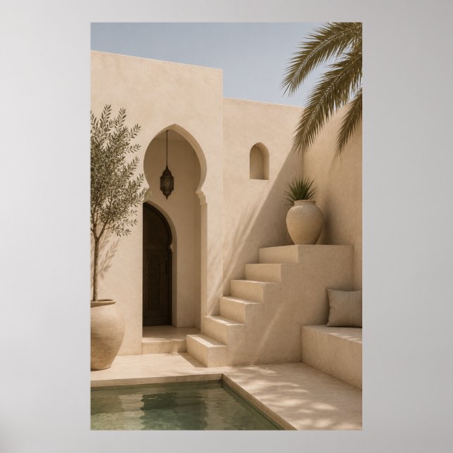 Sunlit Mediterranean Courtyard Art Print - Beige Poster (Framsidan)