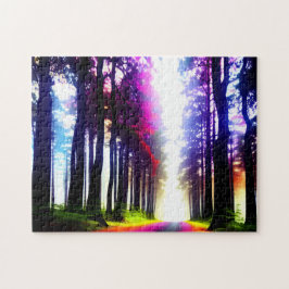 Sunlit Rainbow Forest med Silhouette Träd Pussel