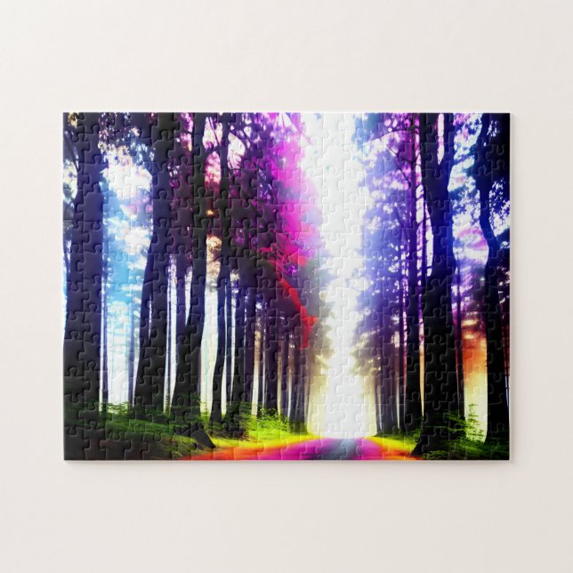 Sunlit Rainbow Forest med Silhouette Träd Pussel (Horisontell)