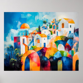 Sunlit Santorini i Expressive Färg Poster