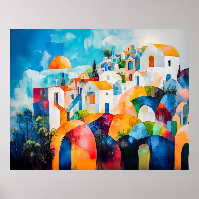 Sunlit Santorini i Expressive Färg Poster (Framsidan)
