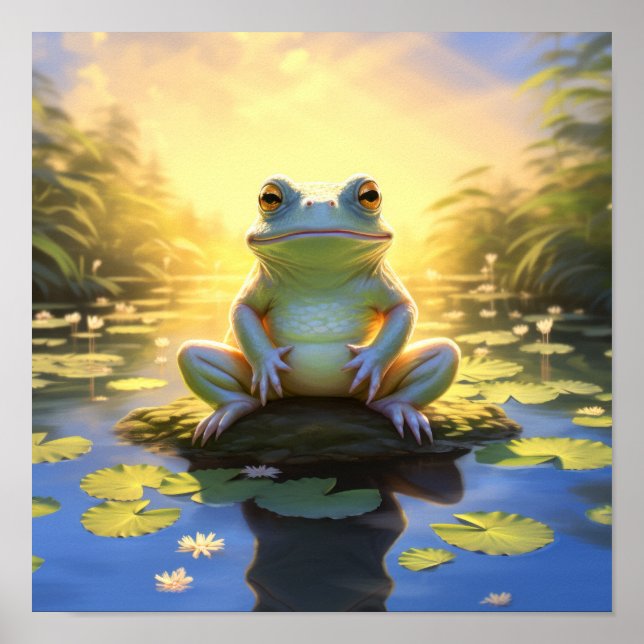 Sunlit Serenity: Majestic Frog Relaxing on Lillypa Poster (Framsidan)