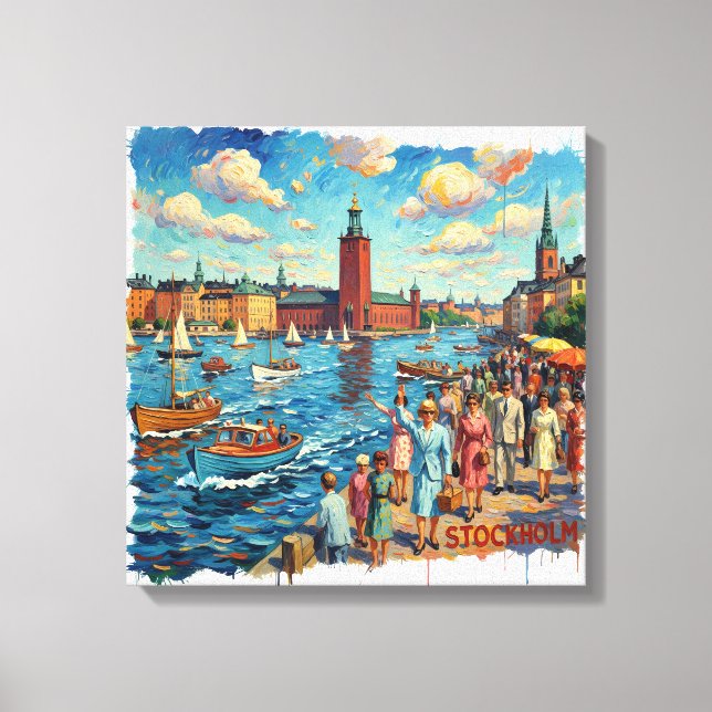 Sunlit Stockholm Harborfront Canvas Art (Framsida)