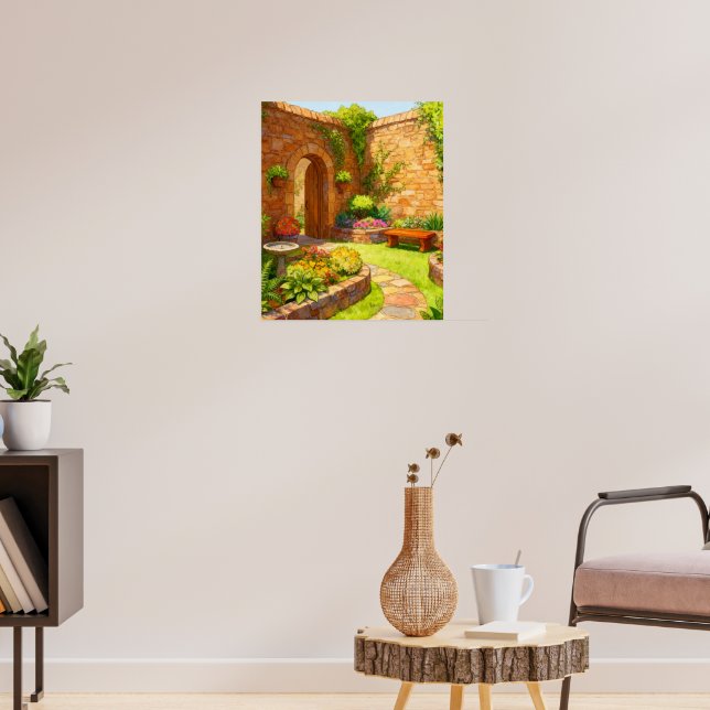 Sunlit Stone Courtyard Garden Path Watercolor Art Poster (Vardagsrum 3)