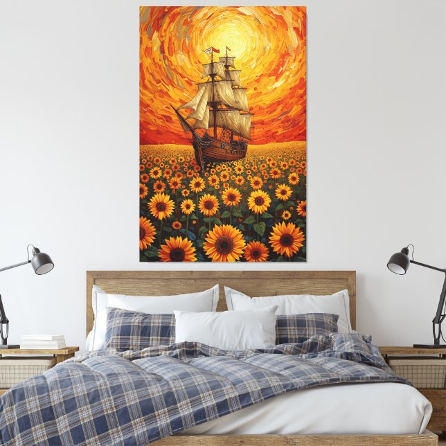  Sunlit Sunflower Sea - Whimsical Sailing Ship Fan Canvastryck (Insitu (sovrum))
