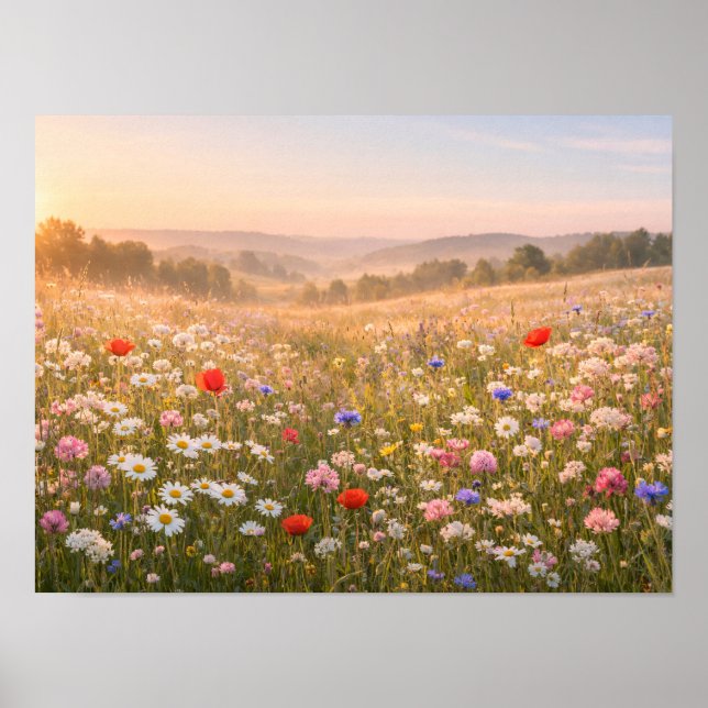 Sunlit Wildflower Meadow at Golden Sunrise Poster (Framsidan)
