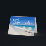 Sunny Beach med 2 stolar Glad helg Card<br><div class="desc">Varm julen önskemål från stranden! En vacker solig strand med havets vågar som kraschar längs sanden. Det finns två vita strandstolar på hög rygg mot havet. Längs framtill står det "Glad helg". Ta en titt på hur många designerna är och stilar i vår butik.</div>