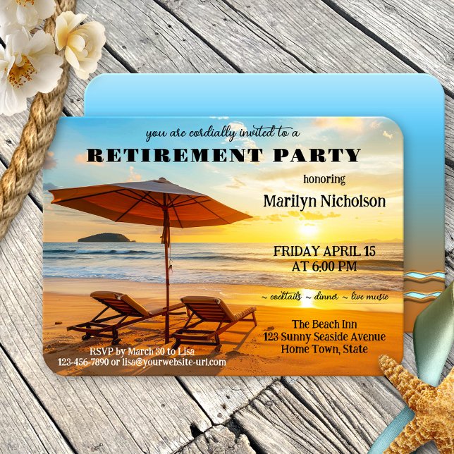 Sunny Beach Pension Party Inbjudningar (A relaxing retirement party invitation featuring lounge chairs on the beach at sunset)
