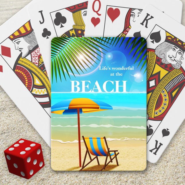 Sunny Beach Summer Roligt Spelar ut Cards Deck Casinokort (Deck of playing cards featuring a colorful illustration of a relaxing beach scene)