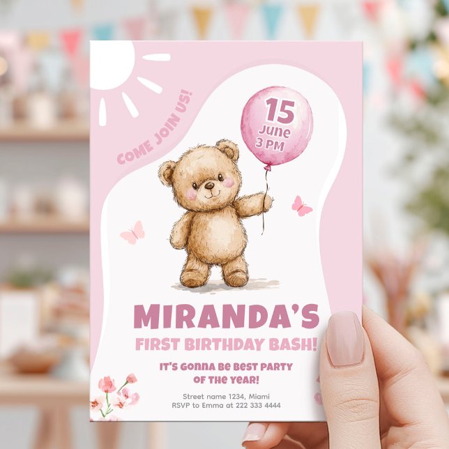 Sunny Bear Rosa Balloon First Birthday Inbjudningar (Skapare uppladdad)