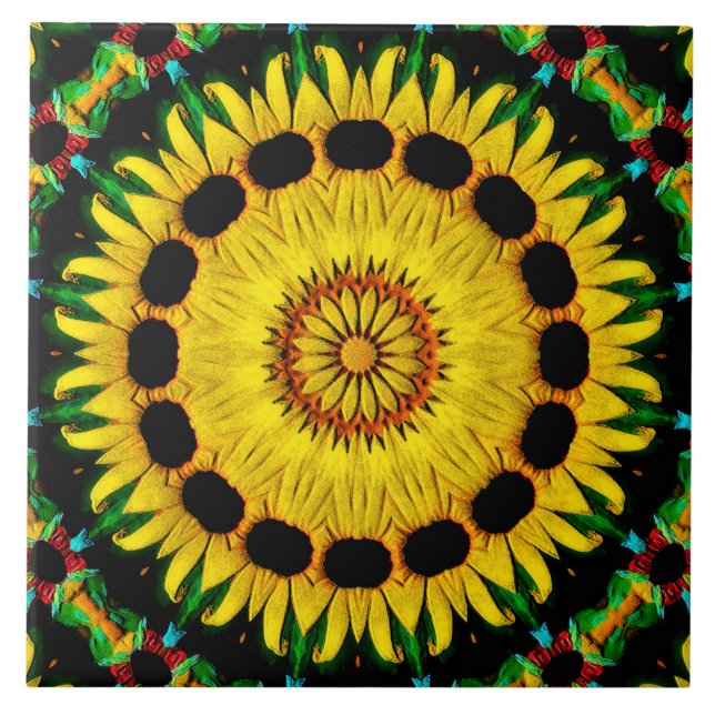 Sunny Black Eyed Susan Rudbeckia Mandala Abstrakt Kakelplatta (Framsidan)