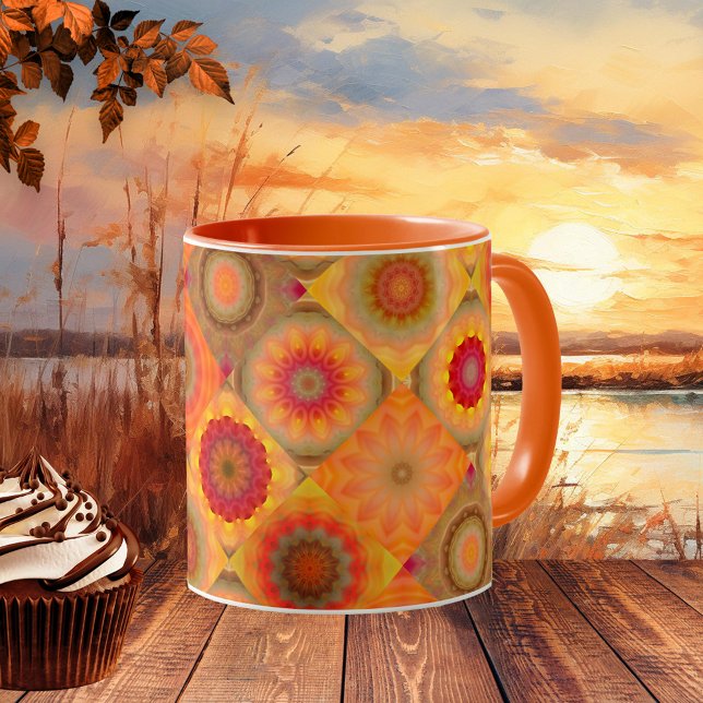 Sunny Blommigt Patterned Design Mugg (Mug with an abstract floral art pattern in quilt or patchwork style in warm sunny colors.)