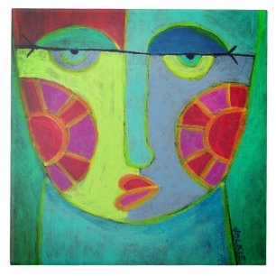 Sunny Cheeks Abstrakt Ansikte Painting Kakelplatta