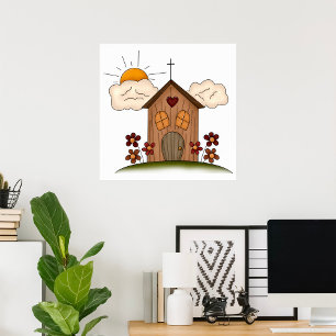 Sunny Church with Flowers Rustic Land Charm Poster