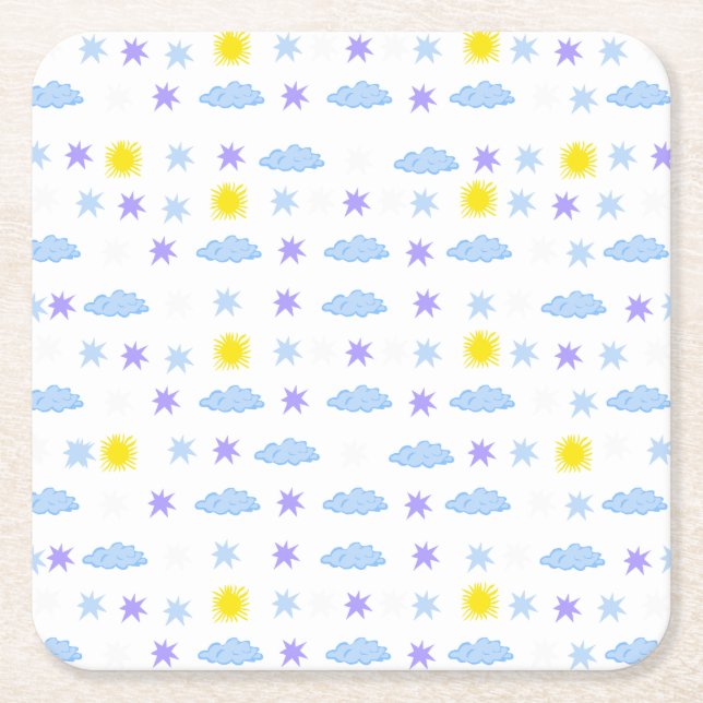 Sunny, Cloudy, Starry Weather Mönster Underlägg Papper Kvadrat (Framsidan)