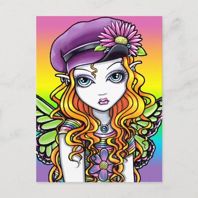 "Sunny" Cute Rainbow Butterfly Fairy Art Postcard Vykort (Framsida)