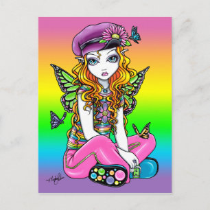 "Sunny" Cute Rainbow Butterfly Fairy Art Postcard Vykort