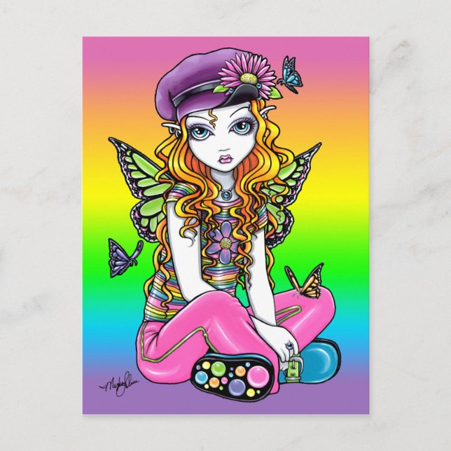 "Sunny" Cute Rainbow Butterfly Fairy Art Postcard Vykort (Framsida)
