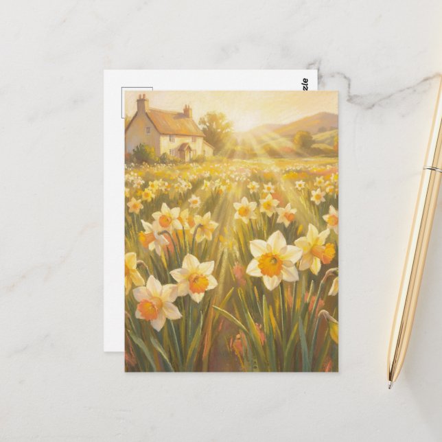 Sunny Daffodils - Pastel Painting Style Art Vykort (Fram/Back In Situ)