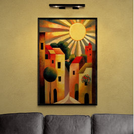 Sunny Day in Small Town AI Art Retro Illustration Poster