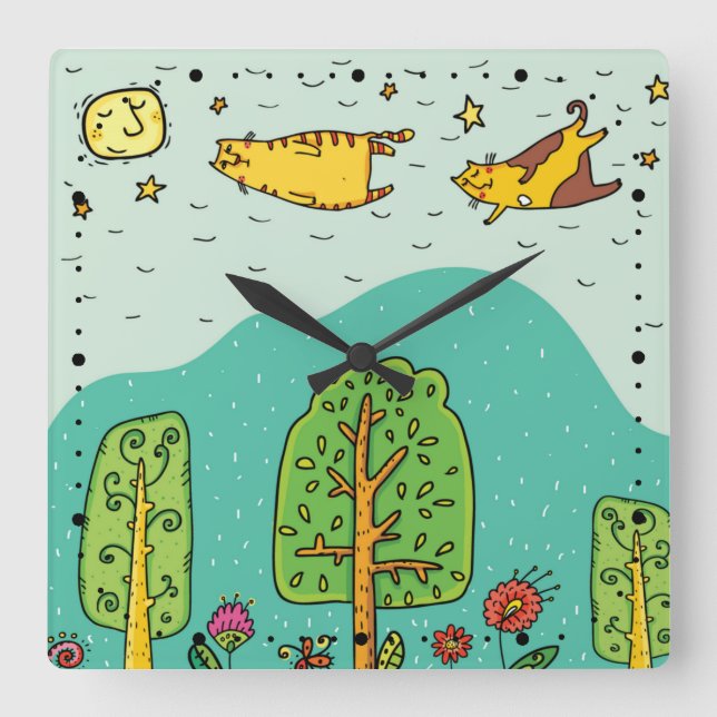 Sunny Days flygande katter Cets Cute Baby Nursery Fyrkantig Klocka (Framsida)