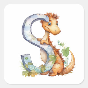Sunny Dinosaur och Brev S Fyrkantigt Klistermärke