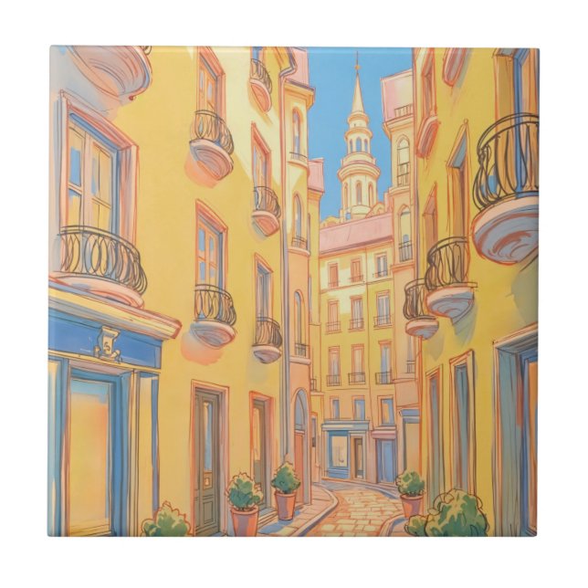 Sunny European Street Ceramic Tile - Mysigt Travel Kakelplatta (Framsidan)