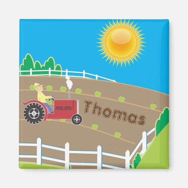 Sunny Farm Tractor Kids Personlig Magnet (Framsidan)