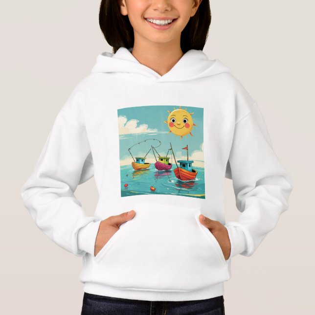 Sunny Fishing Boats – Kids’ Hoodie T Shirt (Framsida)