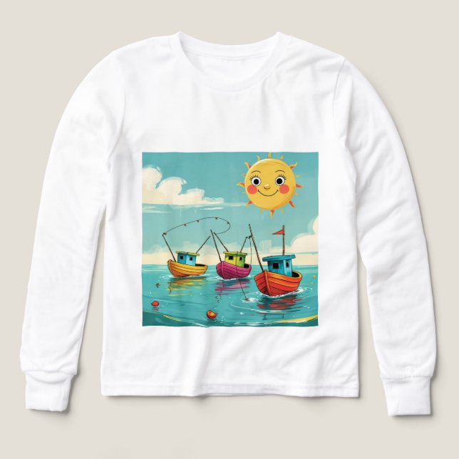 Sunny Fishing Boats – Kids’ Long Sleeve Tee (Design framsida)