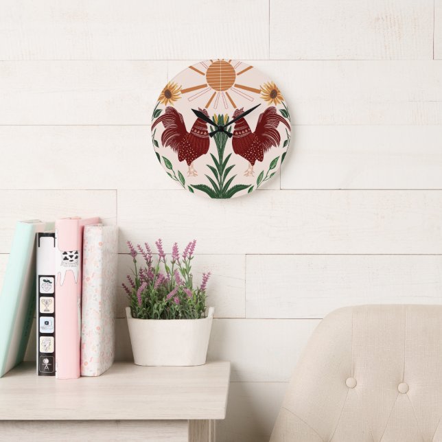 Sunny Folk Art Tupp Symmetrisk design Stor Klocka (Läsesal)