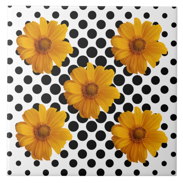 Sunny Gula blommor på Black and White Dot Tile Kakelplatta (Framsidan)