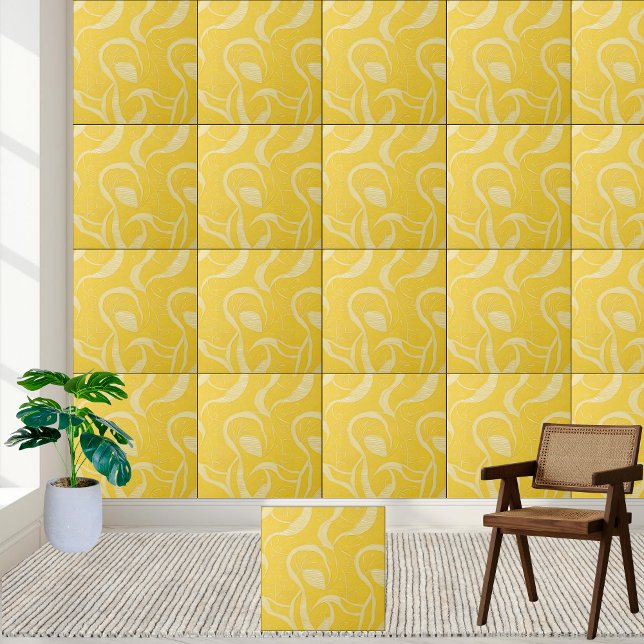 Sunny Gult Abstrakt Swirl Mönster Ceramic Tile Kakelplatta (Sunny Yellow Abstract Swirl Pattern Ceramic Tile)