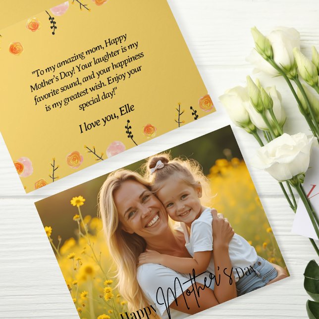 Sunny Gult Blommigt Ram Mors dag Photo Kort (Sunny Yellow Floral Frame Mother's Day Photo Card)