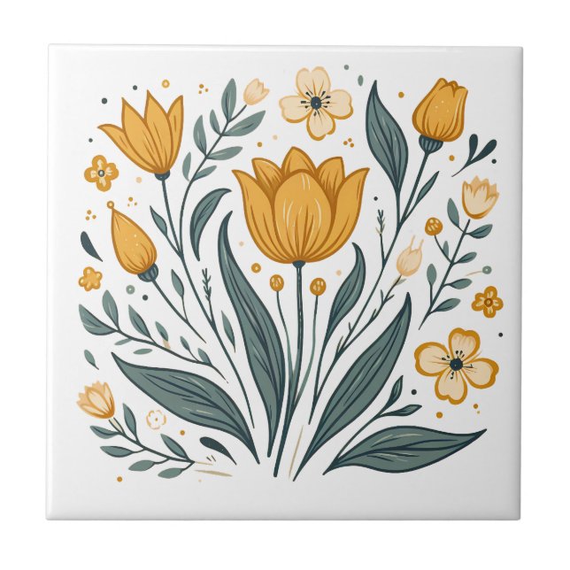 Sunny Gult Folk Flower Kakelplatta (Framsidan)