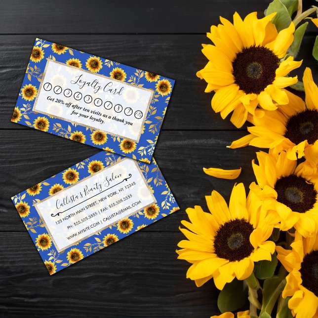 Sunny Gult Guld Blue Sunwers Löv Mönster Lojalitetskort (Skapare uppladdad)