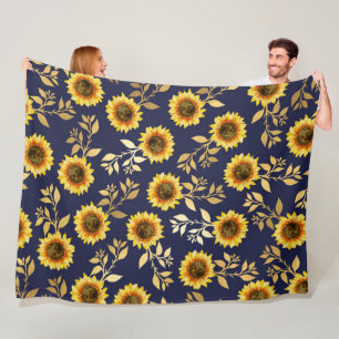Sunny Gult Guld Solblommor Löv Mönster Fleecefilt