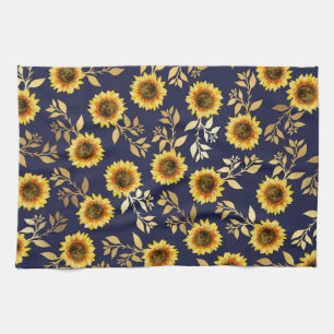 Sunny Gult Guld Solblommor Löv Mönster Kökshandduk