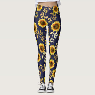 Sunny Gult Guld Solblommor Löv Mönster Leggings