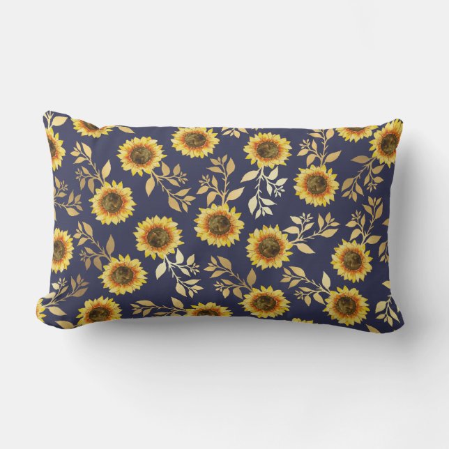 Sunny Gult Guld Solblommor Löv Mönster Lumbarkudde (Framsida)