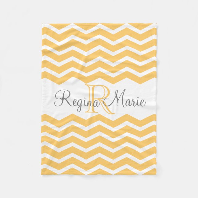 Sunny Gult/ White Monogram Namn KeepsakChevron Fleecefilt (Framsidan)