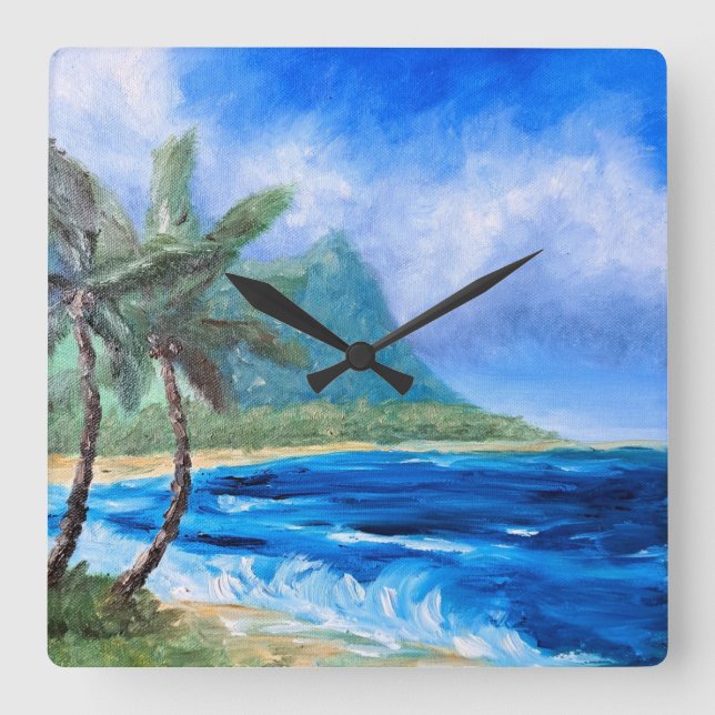 Sunny Hawaii Beach Painting Tropical Paradise Hand Fyrkantig Klocka (Framsida)