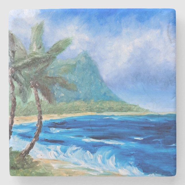 Sunny Hawaii Beach Painting Tropical Paradise Hand Stenunderlägg (Framsidan)