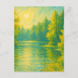 Sunny Lakeside Landscape - Pastel Painting Style Vykort