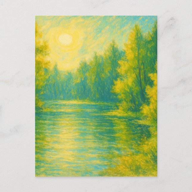 Sunny Lakeside Landscape - Pastel Painting Style Vykort (Framsida)